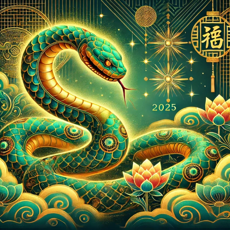 DALL·E 2025-01-21 05.14.53 - A vibrant and mystical illustration of a snake symbolizing the Year of the Snake (2025) in the Chinese zodiac. The snake is elegantly coiled, featurin.webp